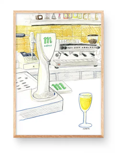 Lámina con una ilustración de una barra de un bar con una caña de cerveza Mahou y una cafetera al fondo
