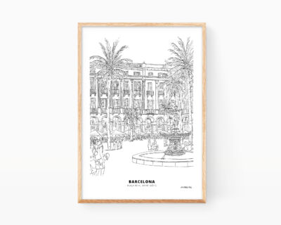 Print drawing Barcelona Plaça reial, Famous views of Spain