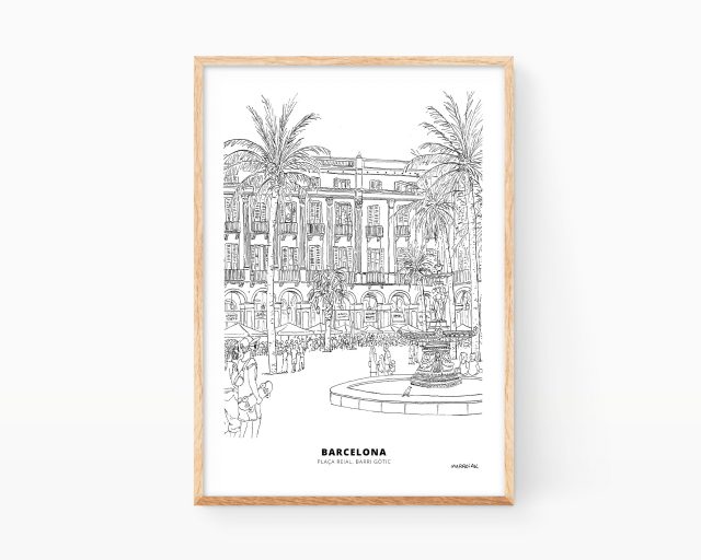 Lámina dibujo Barcelona Plaça reial, Famosas vistas de España