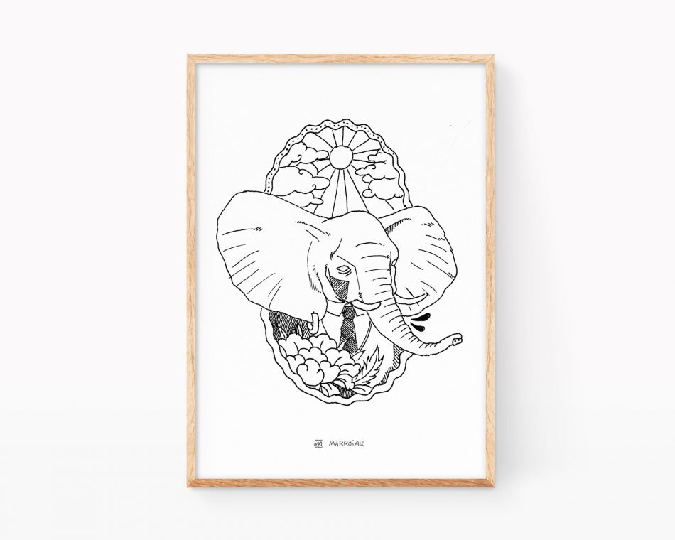 Lámina decorativa de estilo tattoo old school con un retrato de un elefante.