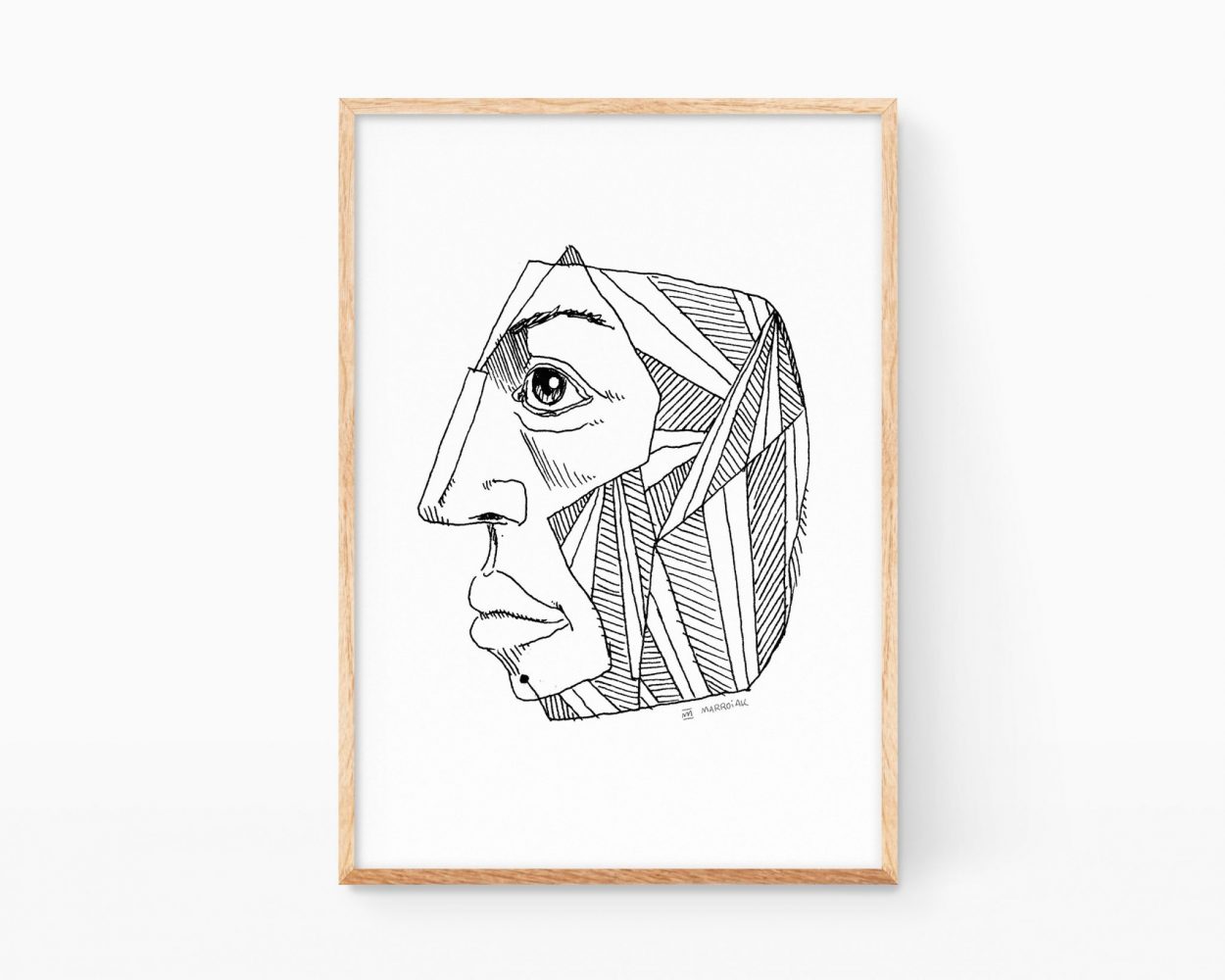 Lámina (print) en blanco y negro de una cabeza cubista. Cuadro decorativo para enmarcar con un retrato vanguardista lineal. Dibujos de arte moderno de estilo line art minimalista.