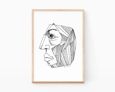 Black and white print of a cubist head. Decorative picture for framing with an avant-garde linear portrait. Modern art drawings in minimalist line art style.