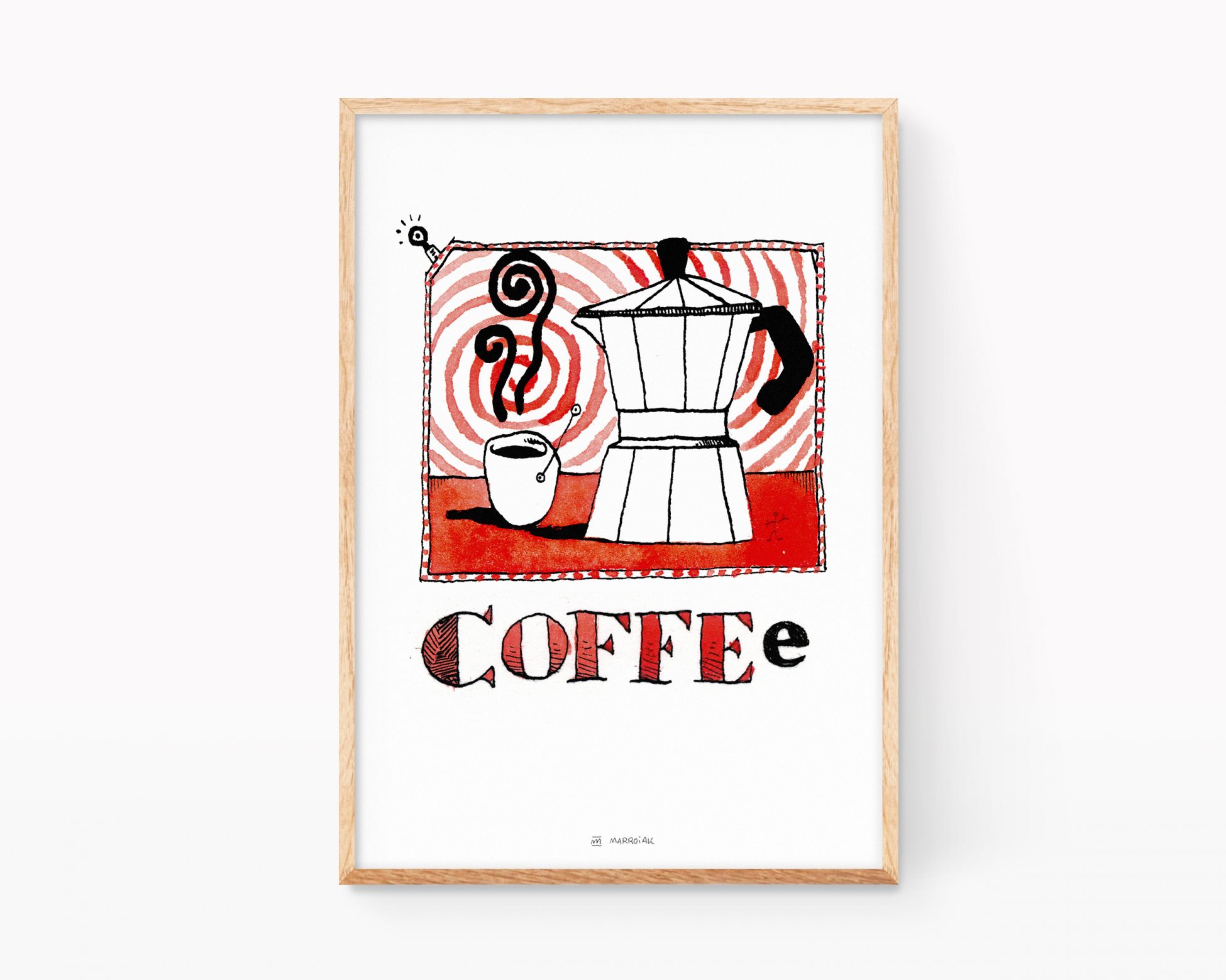 Lámina decorativa para cocinas con una ilustración de una cafetera y una taza de café solo. Color rojo tinta y acuarela sobre papel