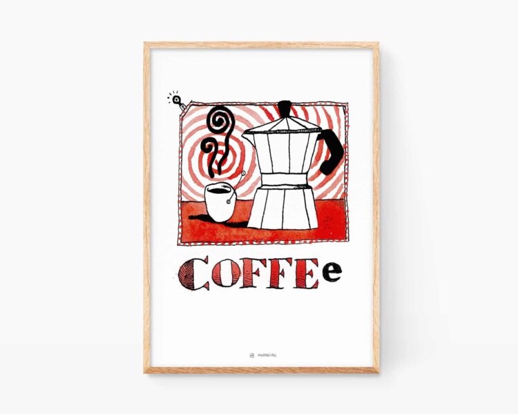 Lámina decorativa para cocinas con una ilustración de una cafetera y una taza de café solo. Color rojo tinta y acuarela sobre papel
