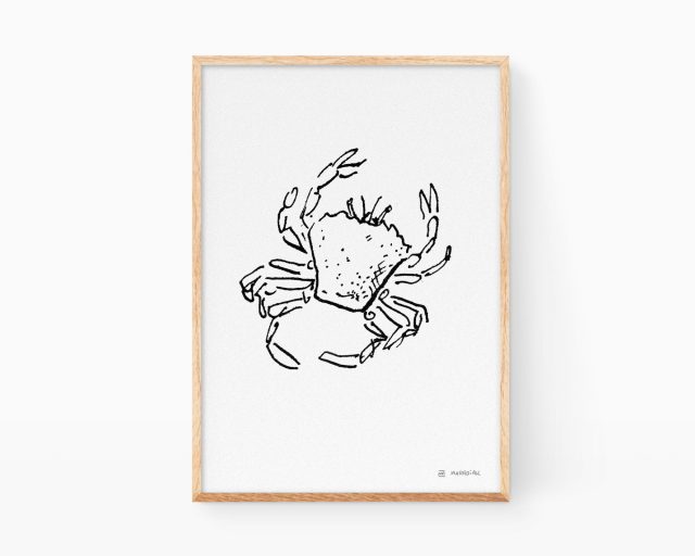 Cuadros animales del mar. Lámina con una ilustración de un cangrejo de arena de Valencia. Dibujo blanco y negro Print decorativa para enmarcar.