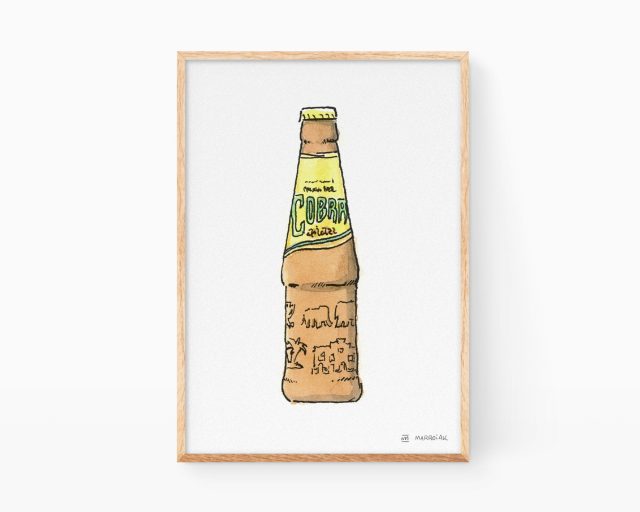 Lámina ilustración cerveza Cobra hecha en India. Cuadros para cervecerías y cocinas con dibujos en acuarela exóticos.