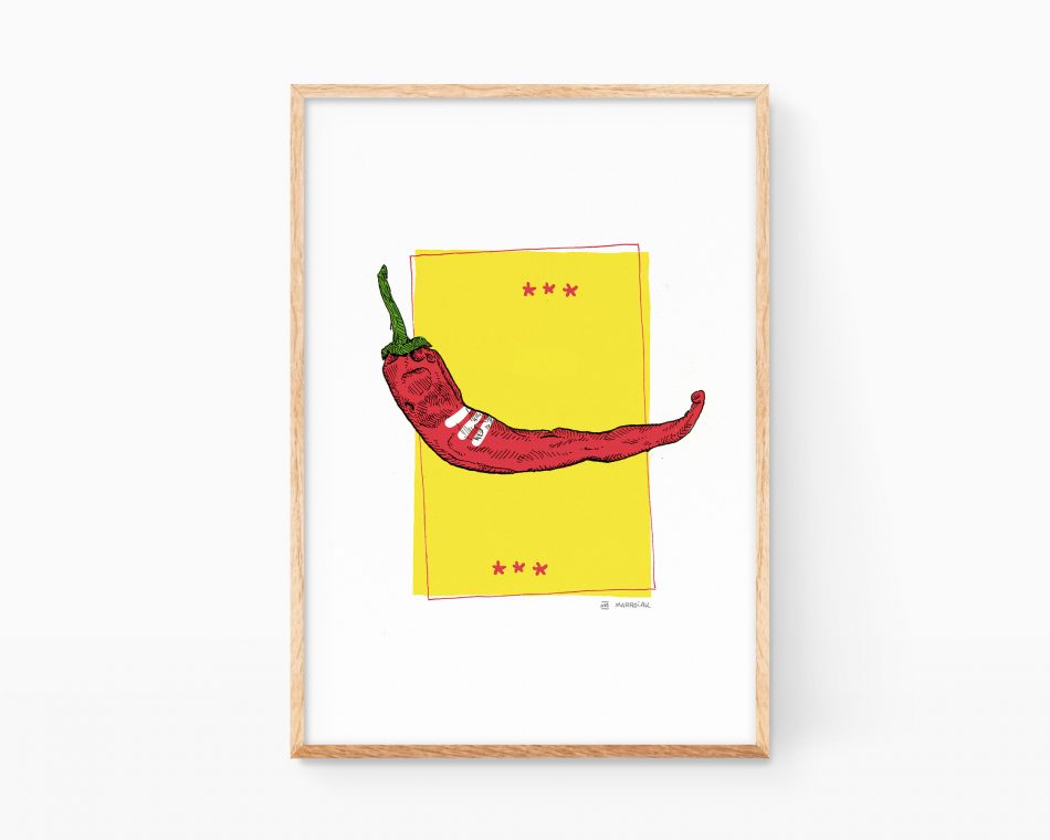 Cuadro decorativo para enmarcar cocinas de un dibujo de una guindilla (Chili). Ilustraciones de pop art de verduras y frutas