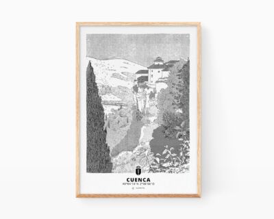 Art prints city of Cuenca, Spain. Print with a black and white ukiyoe style illustration.