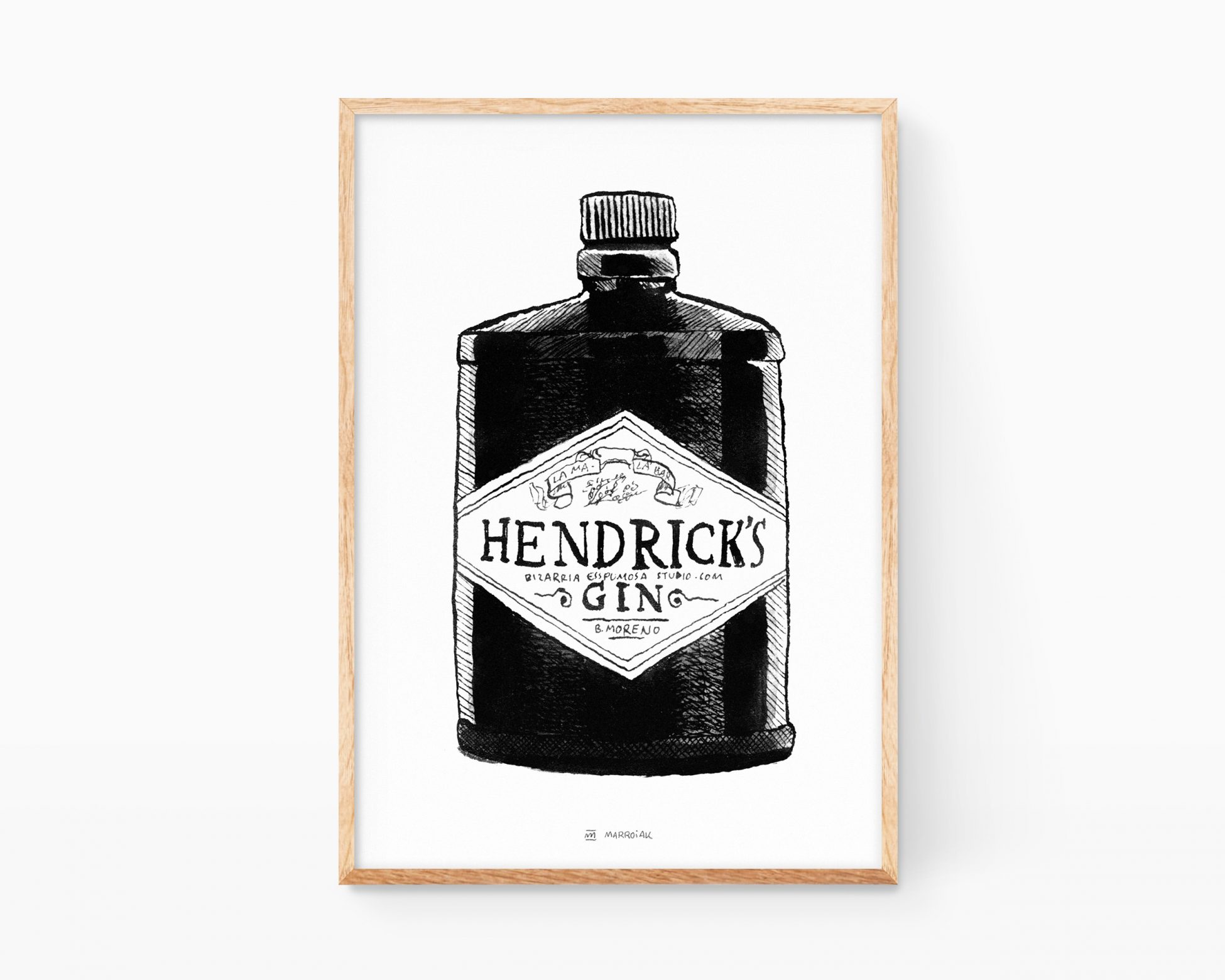 Lámina decorativa para cocinas, bares y pubs con una ilustración de una botella de ginebra Hendrick´s. Dibujo a tinta sobre papel