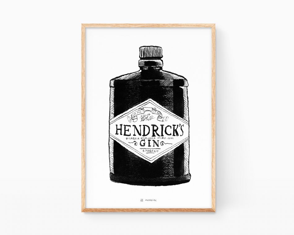 Lámina decorativa para cocinas, bares y pubs con una ilustración de una botella de ginebra Hendrick´s. Dibujo a tinta sobre papel
