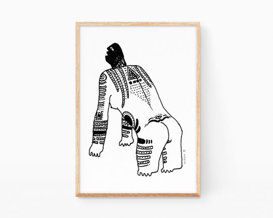 Lámina decorativacon una ilustración neo-rupestre con una mujer tatuada.