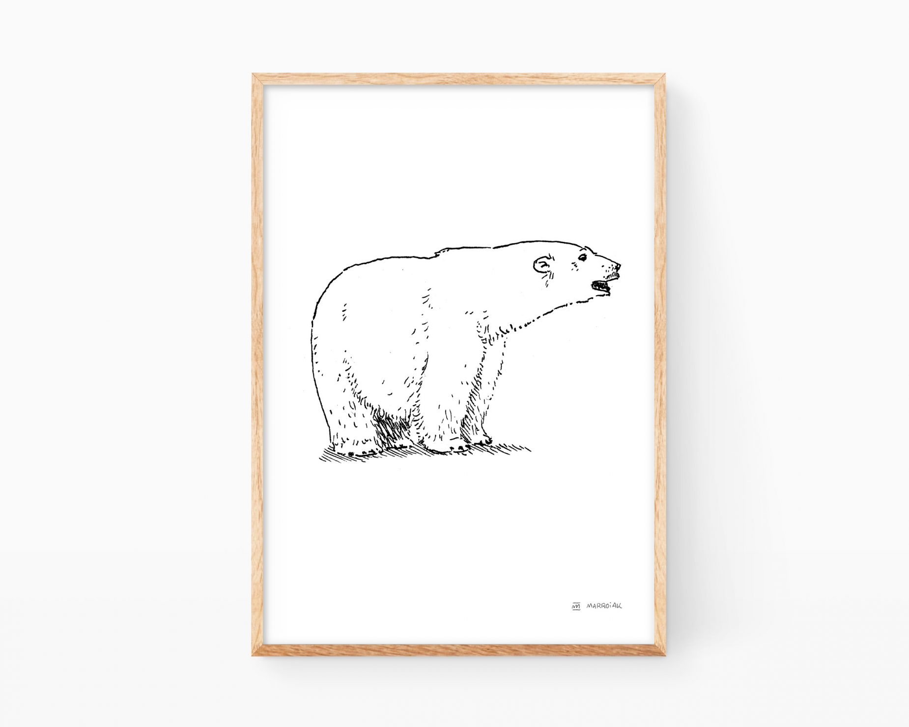 Láminas de animales con una ilustración de un oso polar en blanco y negro. Dibujo a tinta