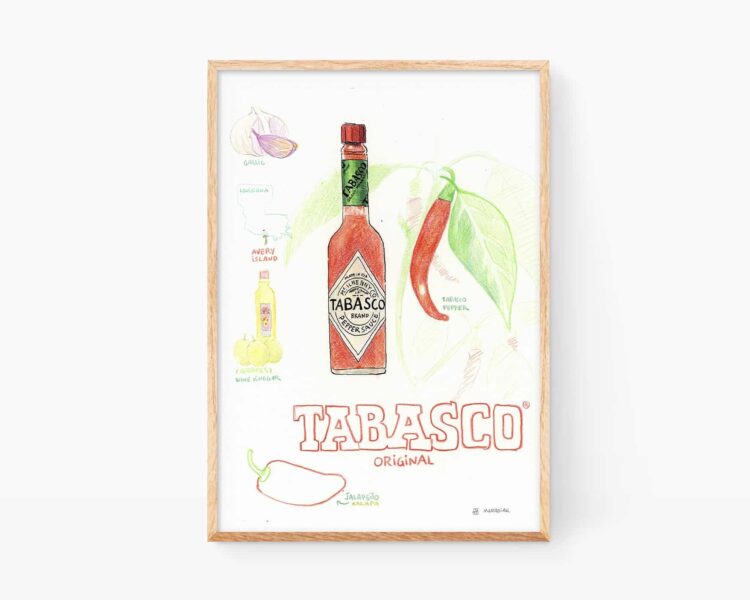 Cuadro de recetas para enmarcar con una lámina e ilustración en acuarela de una botella de tabasco Americano. Póster decoración de comida mexicana en acuarela sobre papel. Print digital