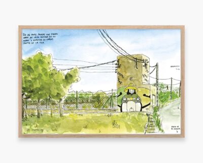 Drawings of Ibiza. Print with a watercolor illustration of a girl on a scooter. Funny decoration of Eivissa. Graffiti and insular urban art