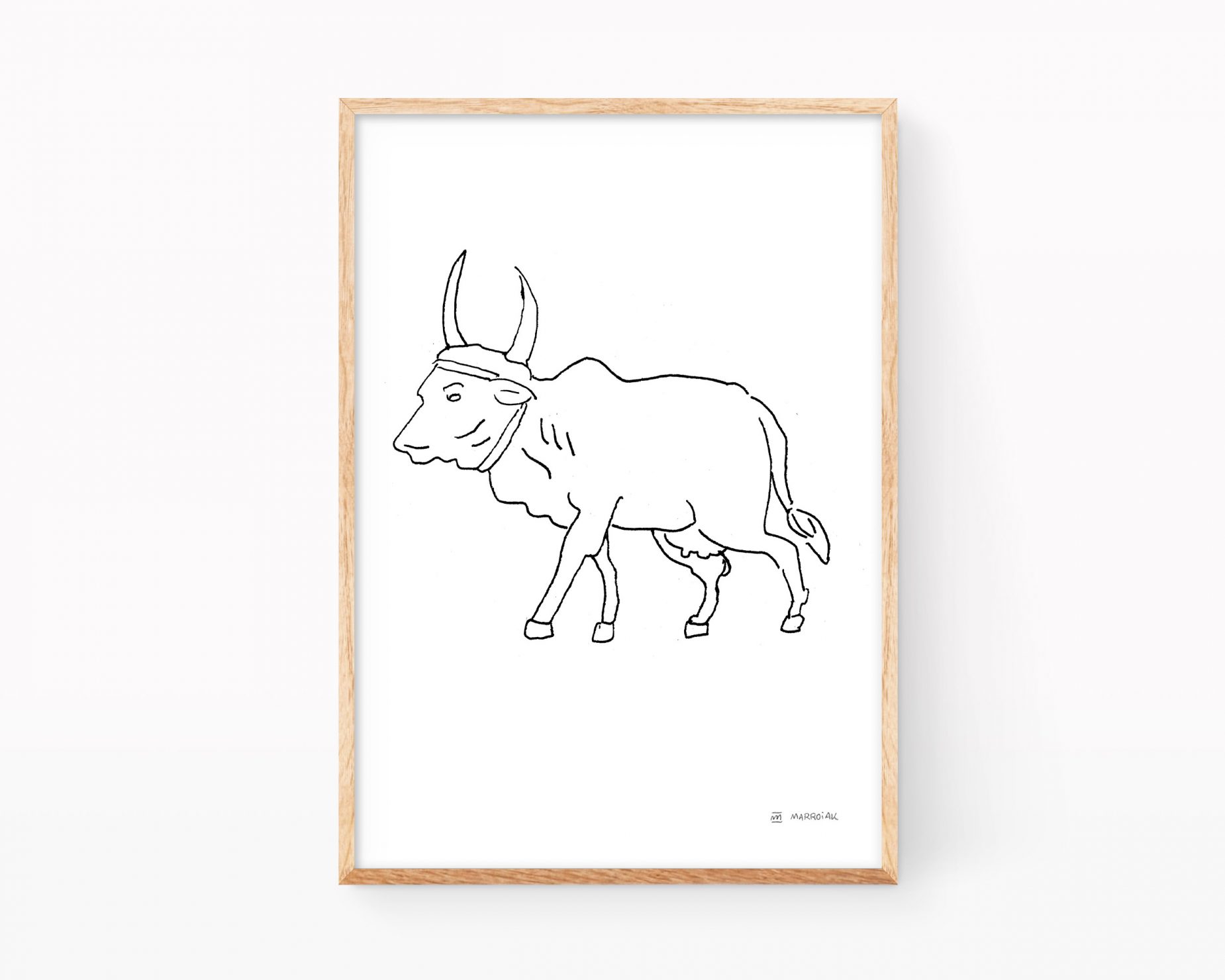 Lámina con una ilustración de una vaca de la raza India Brahman. Dibujo en blanco y negro