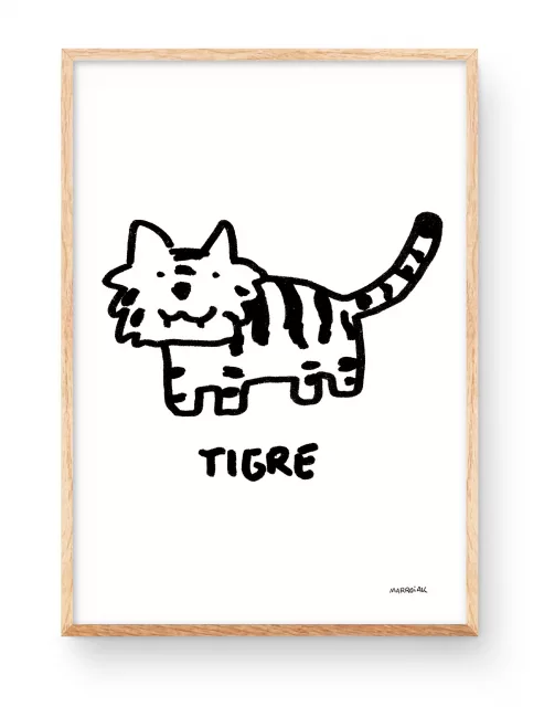Lámina ilustración animal tigre de estilo infantil y minimalista en blanco y negro