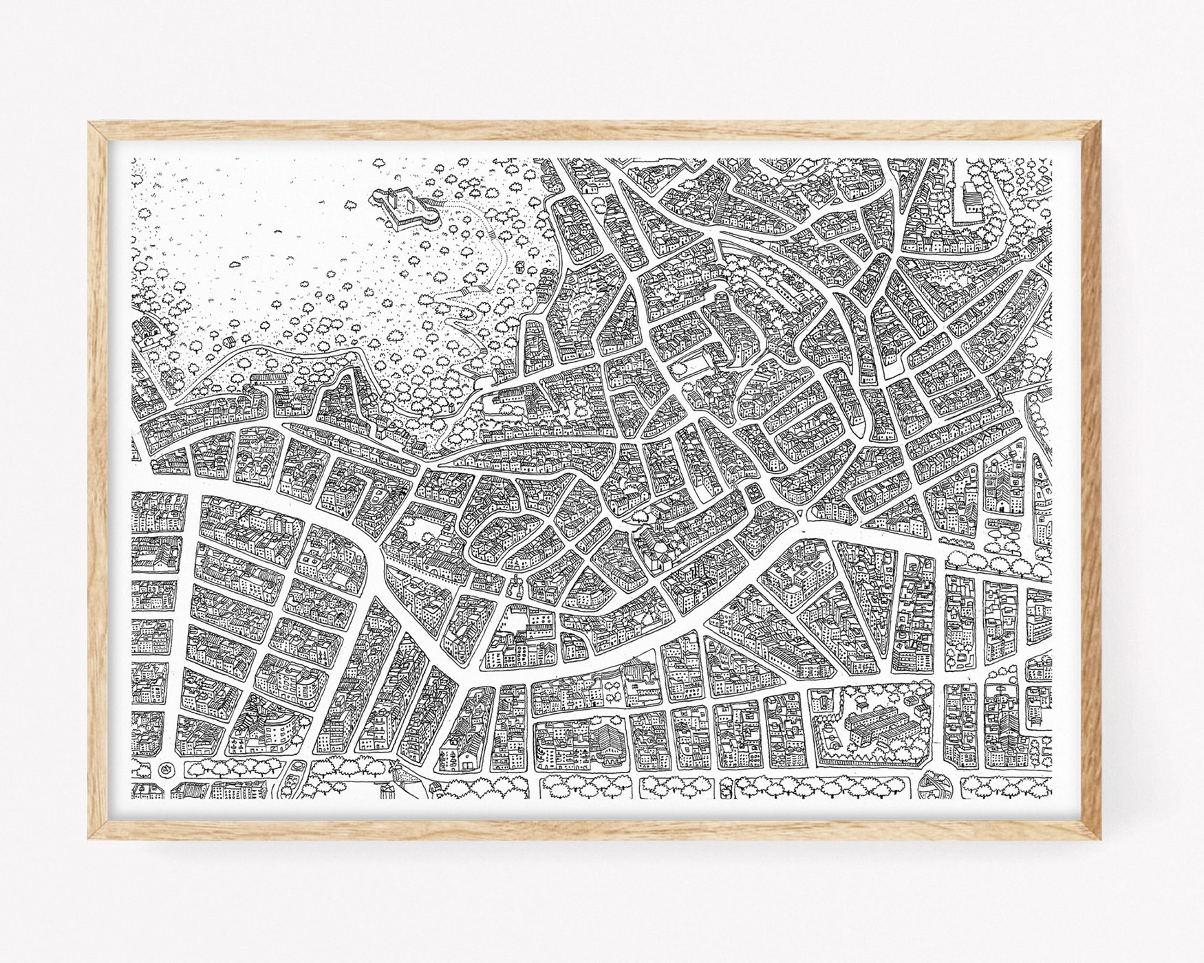 Cuadro para enmarcar con un dibujo de un mapa en blanco y negro del Centro Histórico del pueblo de Oliva. Prints de la Terreta (la Safor)