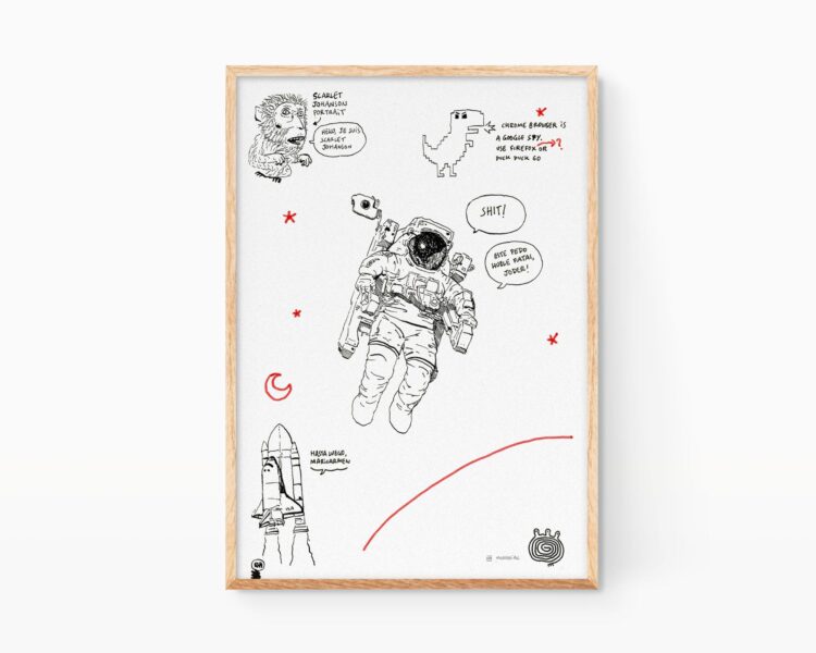 Cuadro astronauta de la Nasa con una lámina de una ilustración en blanco y negro. Arte urbano.