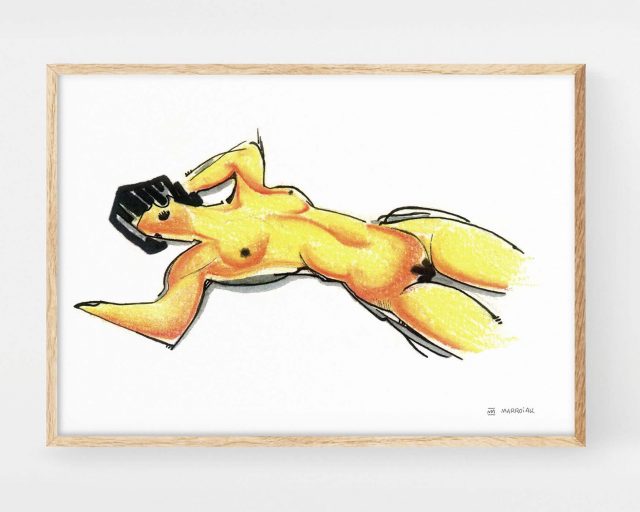 Cuadro decorativo para enmarcar con una ilustración (print) del desnudo acostado (rojo) del pintor Amedeo Modigliani. La pintura más cara de la historia. Versión ilustración Marroiak