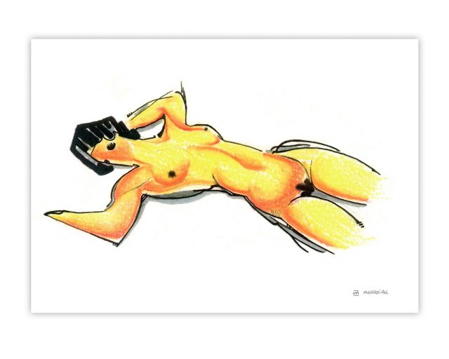 Lámina con una ilustración en color con una versión del desnudo rojo de Amedeo Modigliani