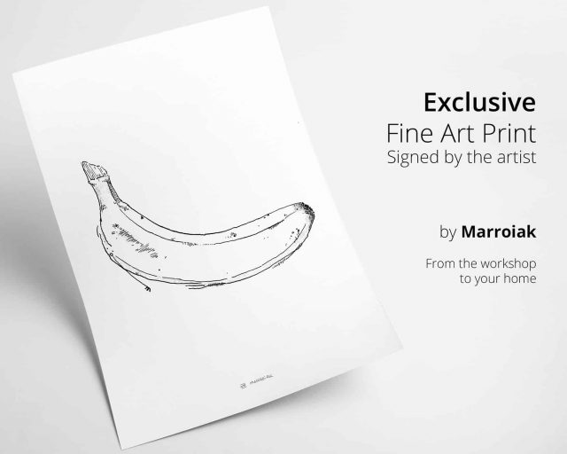 Cuadro decorativo para cocina con una lámina de una ilustración de una banana en blanco y negro. Decoración de frutas, platanos y verduras