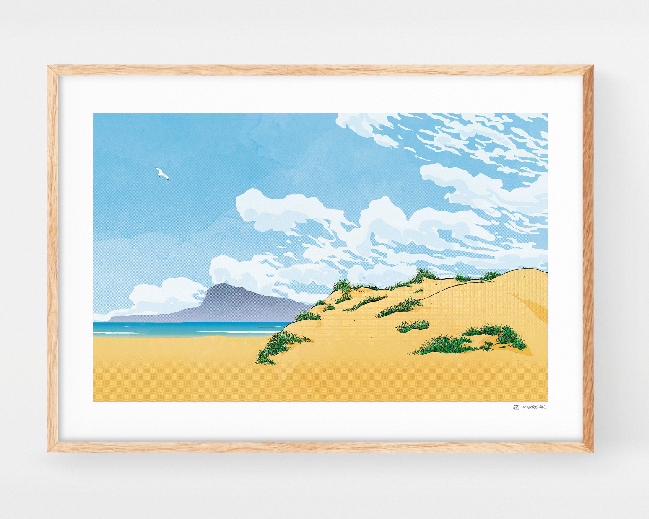 Cuadro para enmarcar con un dibujo de la playa de Oliva y la montaña Montgó de Denia y Jávea. Ilustraciones originales de la safor y Valencia basadas en fotos de paisajes meditarráneos.
