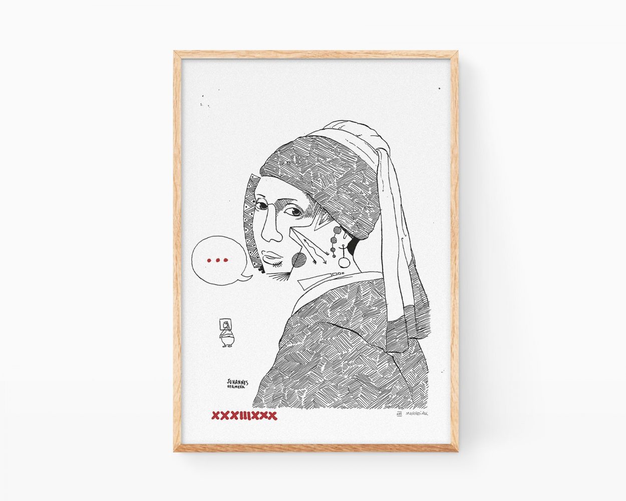 Cuadro ilustración la Joven de la perla (Punk edition). Lámina decorativa para enmarcar con una versión del famoso retrato de Johanes Vermeer realizado en blanco y negro. Dibujos de arte remezclado.