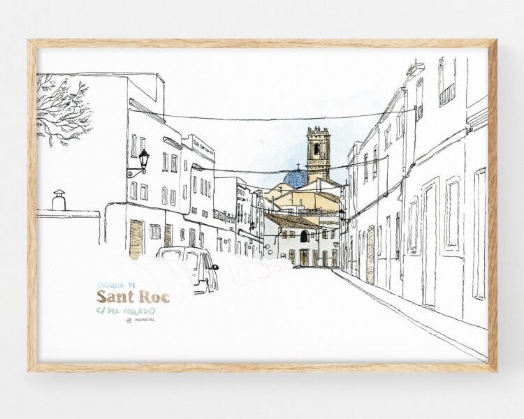 Cuadro decorativo con una lámina (print) de una ilustración en acuarela de la Iglesia de San Roque en el municipio de Oliva (valencia). Paisajes de La Safor estilo Urban Sketchers. Fotos y dibujos de Oliva pueblo.
