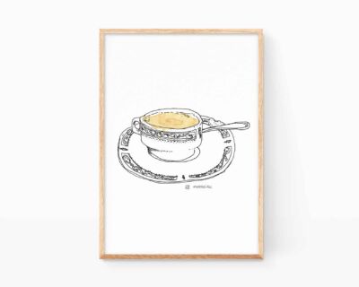 Decorative print for kitchens and cafeterias with a black and white drawing of a cup of espresso coffee.