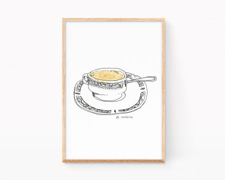 Lámina decorativa para cocinas y cafeterías con un dibujo en blanco y negro de una taza de café solo expreso.