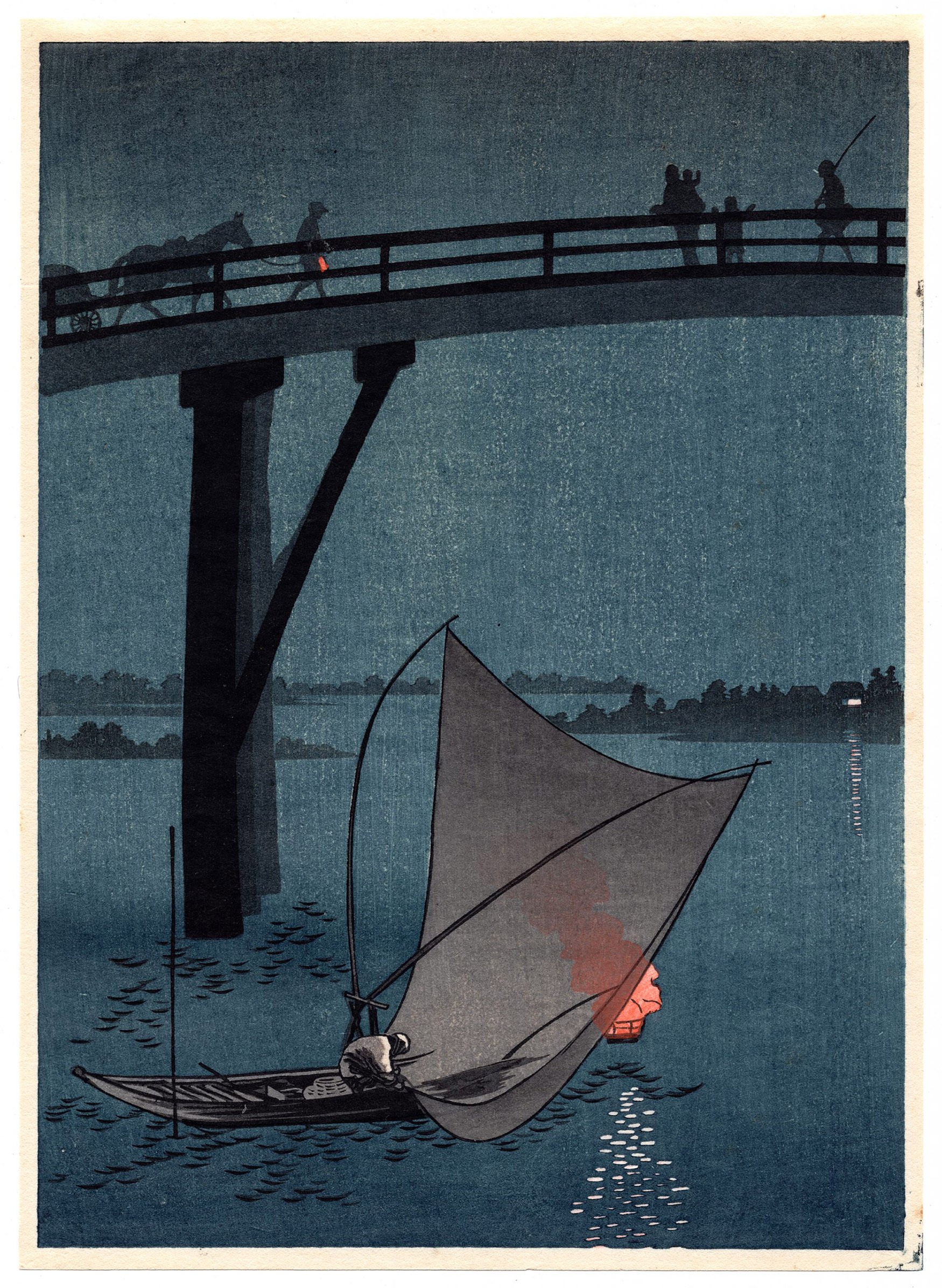 Yoshimune Arai paisaje ukiyo-e noche bajo un puente en el mar