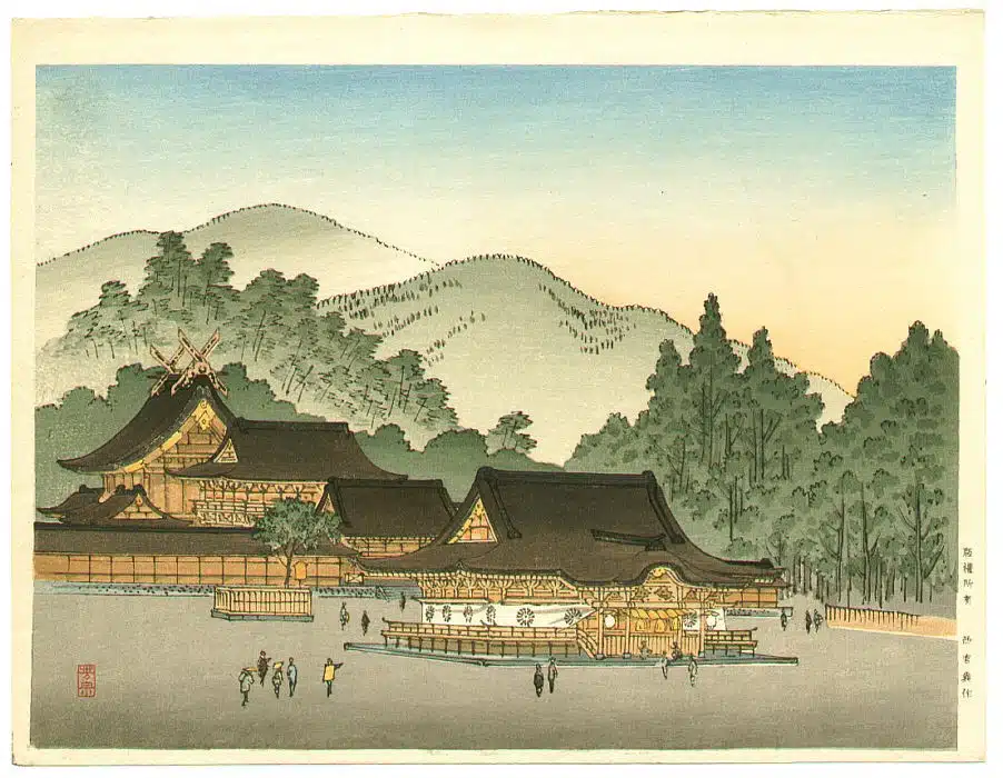 Ilustración de yoshimune arai paisaje pueblo y montañas ukiyo-e
