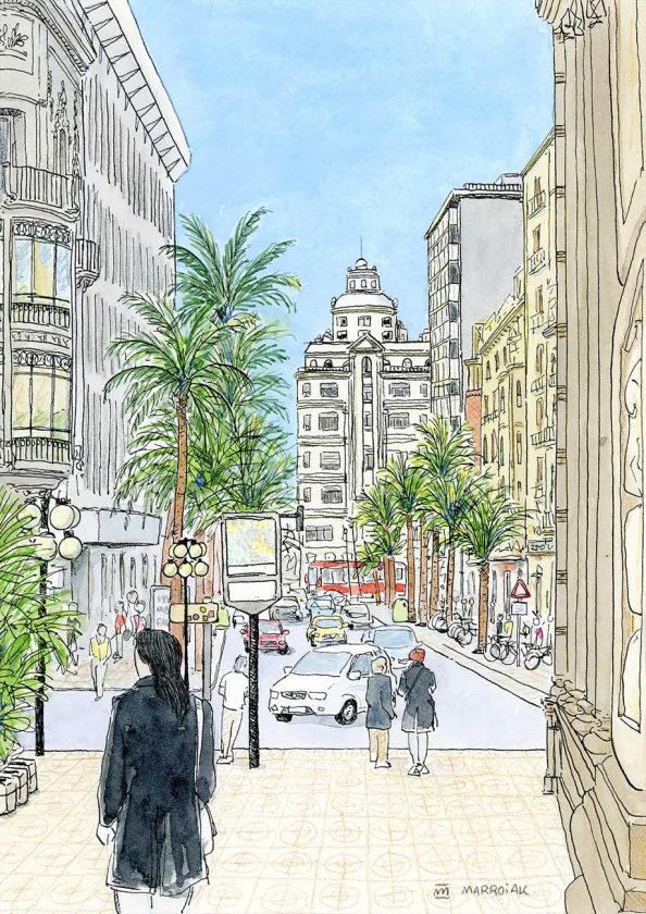 Dibujo de Valencia para enmarcar. Paisaje con una ilustración de la ciudad capital de la Comunidad Valenciana