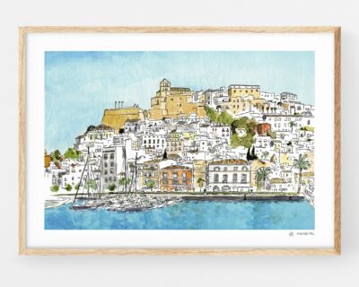 Pictures of Ibiza. Decorative print with an illustration of a watercolor landscape of Dalt Vila in the city of Eivissa. Print for framing available to buy online. Artistic poster of Marroiak