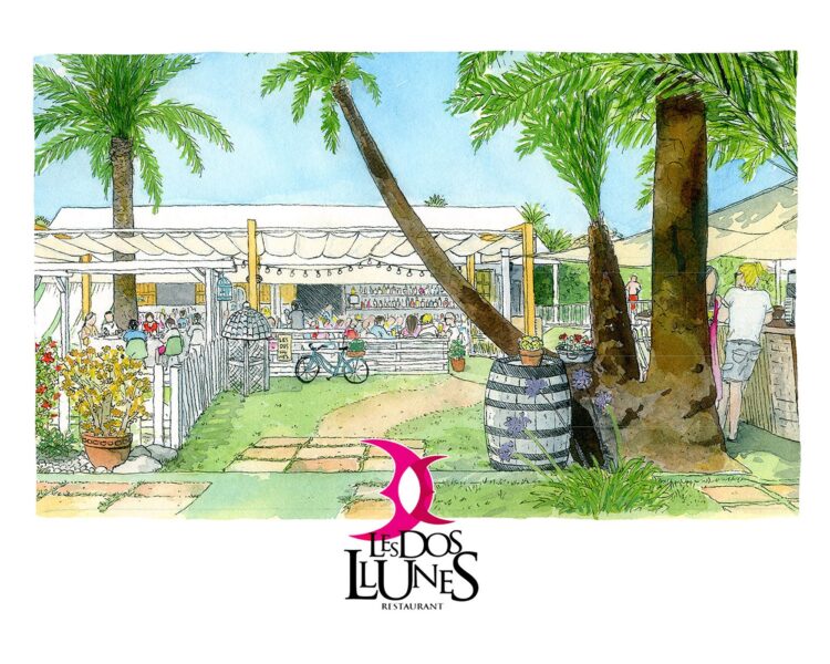 Dibujo en acuarela del restaurante Les Dos Llunes en el pueblo de Oliva, comarca de La Safor (Valencia). Ilustraciones publicitarias de bares por encargo.