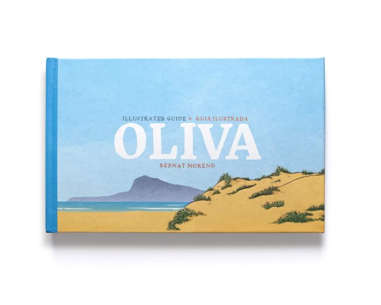 Portada del libro de ilustraciones del pueblo de Oliva en la provincia de valencia. Cuaderno de viaje con acuarelas al estilo urban sketchers sobre el municipio de la playa de Oliva.