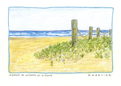 mañana de invierno en la playa dibujo postal