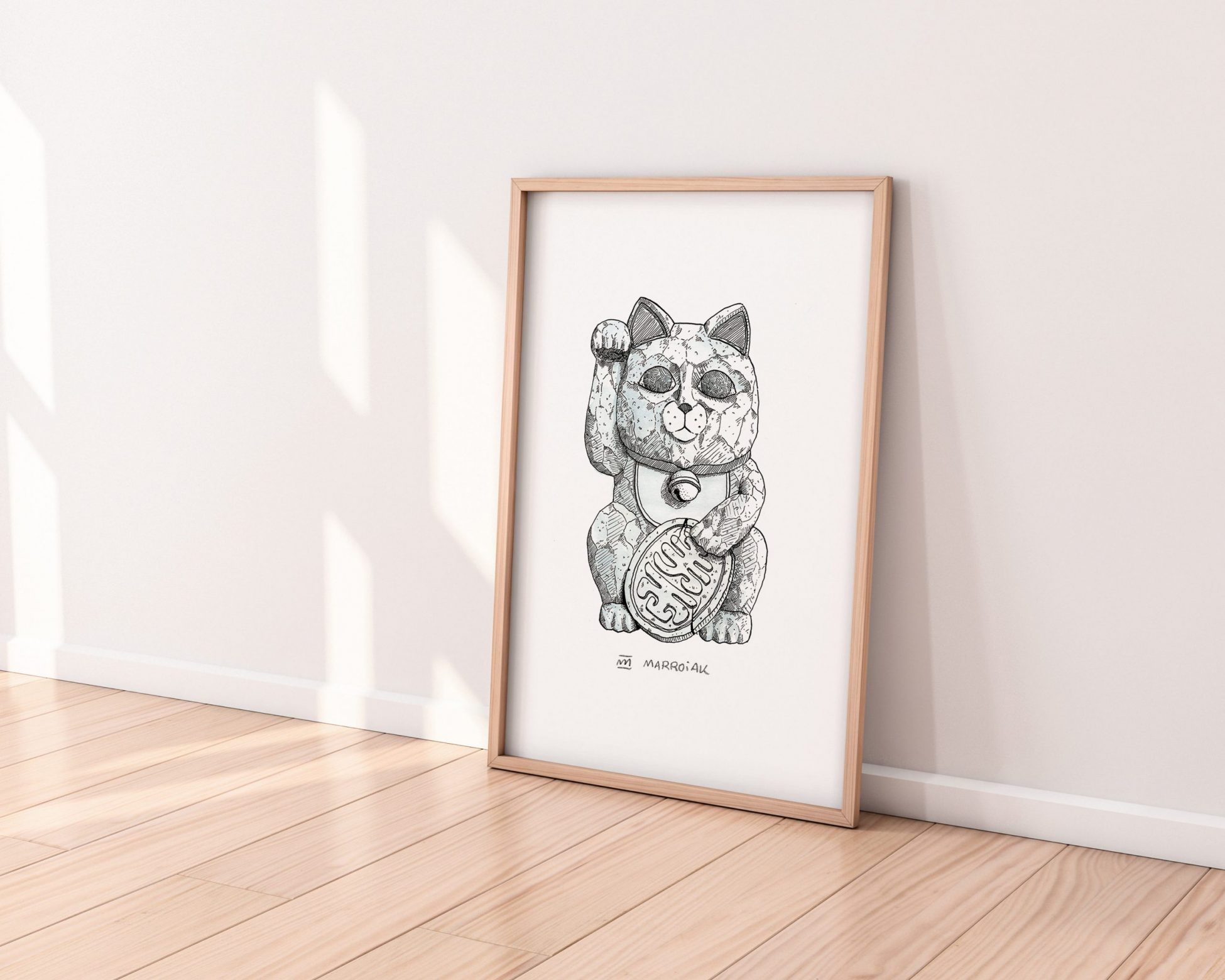 Lámina con un dibujo de una escultura del gato de la suerte japonés. Ilustración sobre papel. Arte nipón.