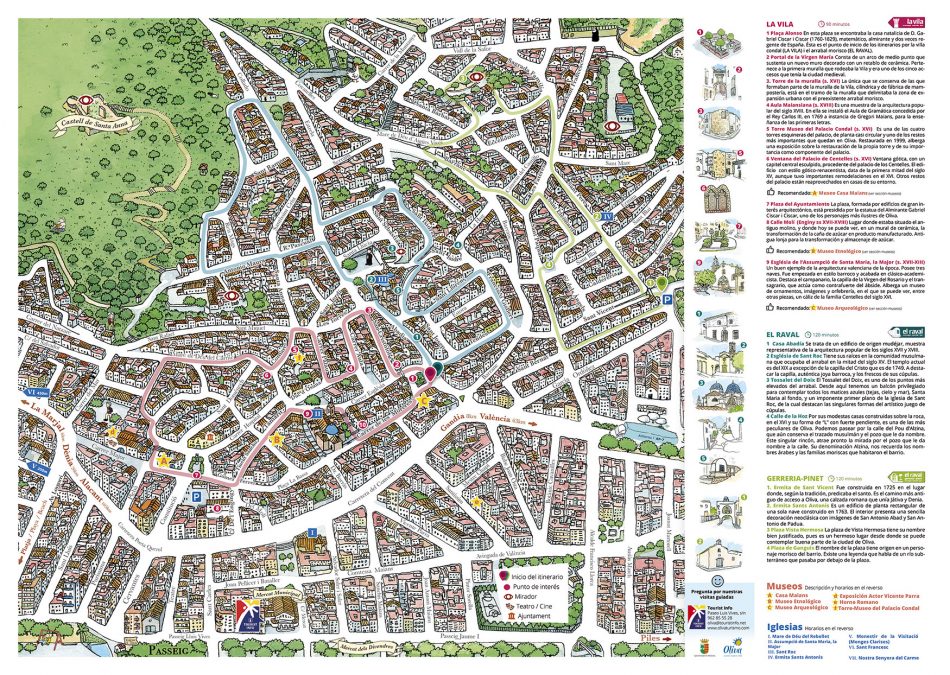 Plano de un mapa dibujado del Centro Histórico del municipio de Oliva en La Safor, Valencia. DIseño de mapas artesanales. Acuarela y tinta.