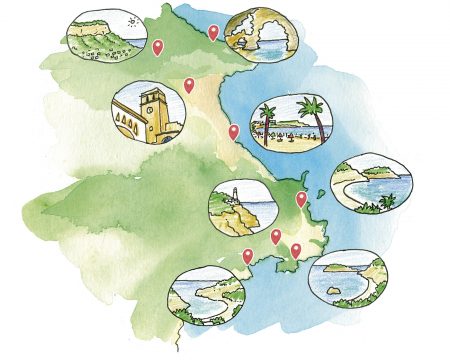 Mapa turístico ilustrado del municipio de Jávea en La Marina Alta, Alicante. Plano de actividades y lugares de interés en pueblo y playa. Encargo para una boda