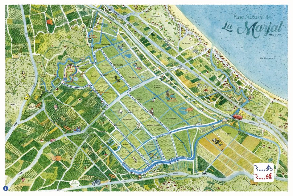 Mapa ilustrado del Parque Natural de la Marjal Pego-Oliva. Diseño artesanal de plano dibujado a mano con rutas a bici y a pie por el humedal Pego (Alicante) y Oliva (Valencia).