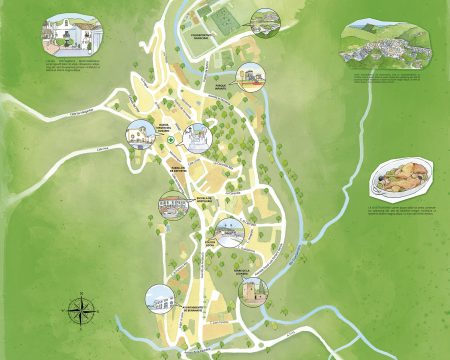 Mapa turístico ilustrado del pueblo de Benahavis en la provincia de Málaga. Plano con los lugares de interés del municipio.