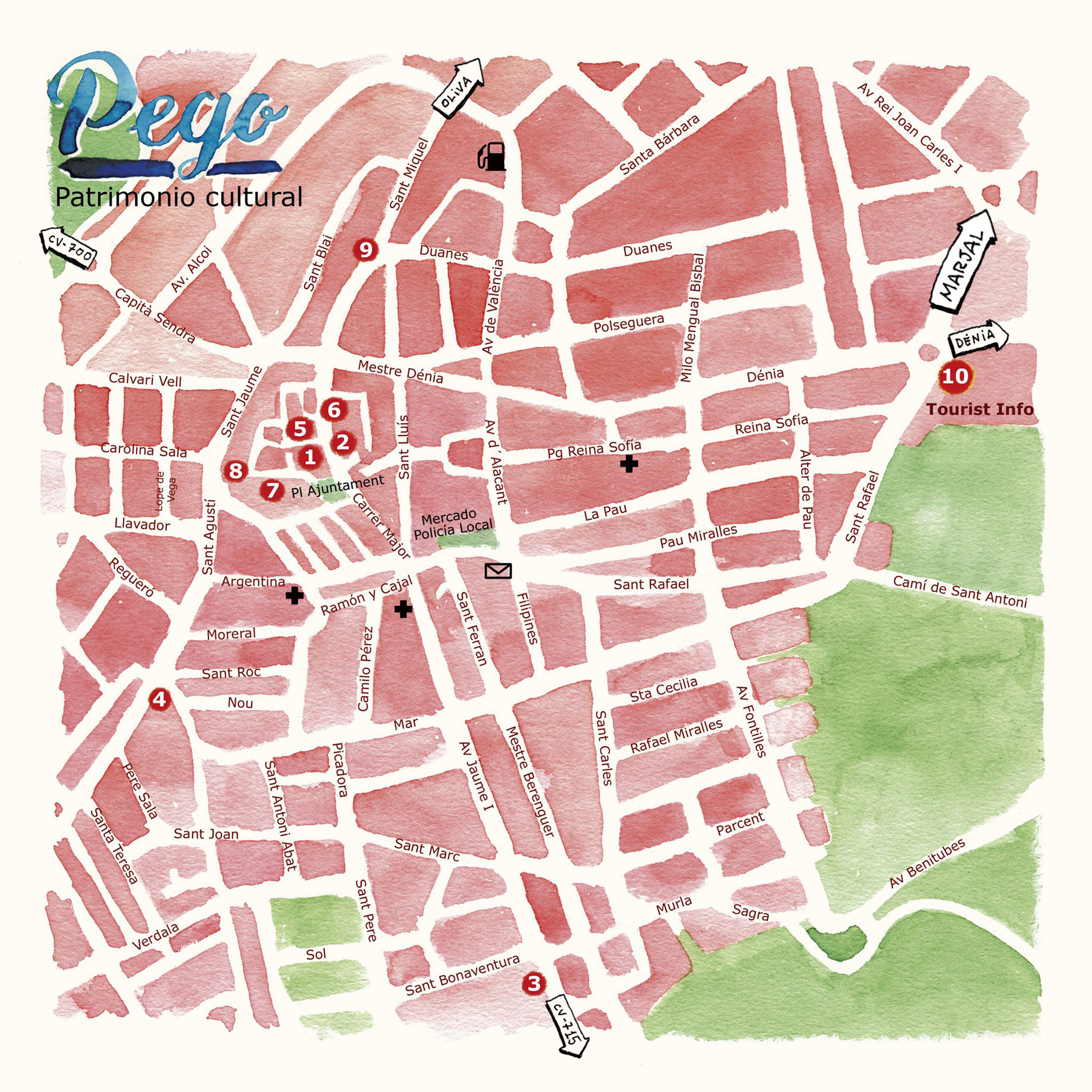 Mapa ilustrado en acuarela de Pego, pueblo y municipio de Alicante. Diseño ayuntamiento
