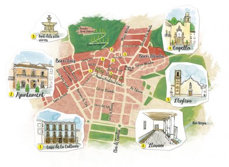 Diseño de mapa ilustrado del pueblo de Vilallonga (La Safor - Valencia) realizado en tinta y acuarela sobre papel. Plano dibujado de Villalonga.
