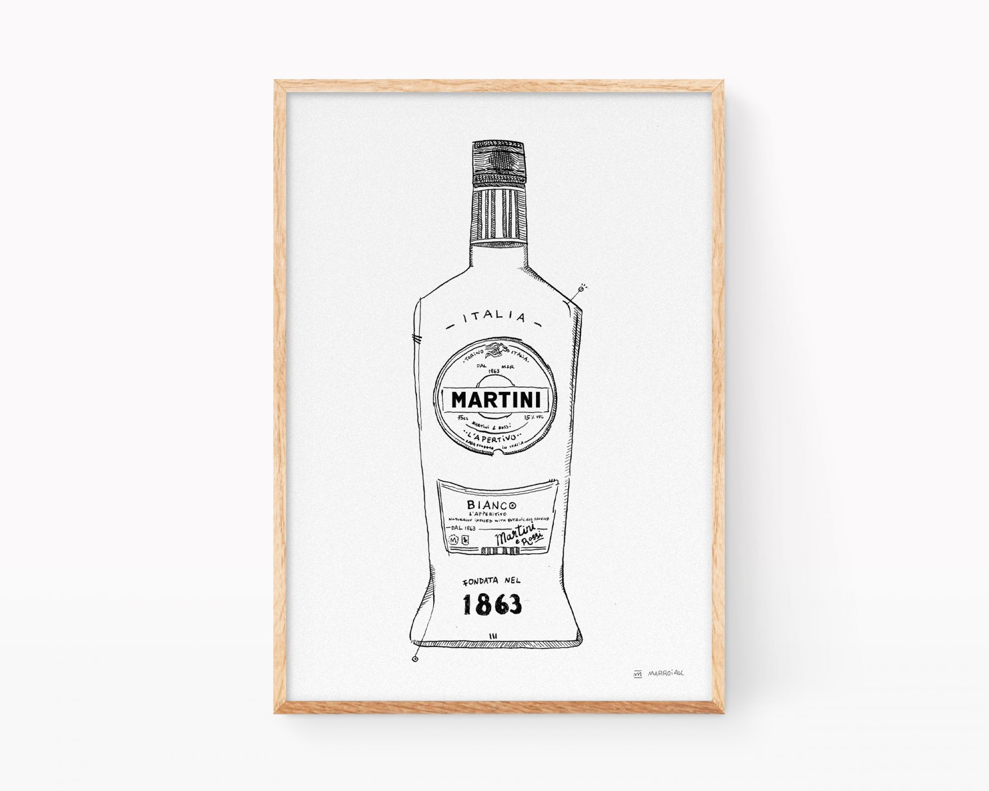 Cuadro botella Martini. Ilustración en blanco y negro para decoración de cocinas y pubs. Dibujo a tinta.