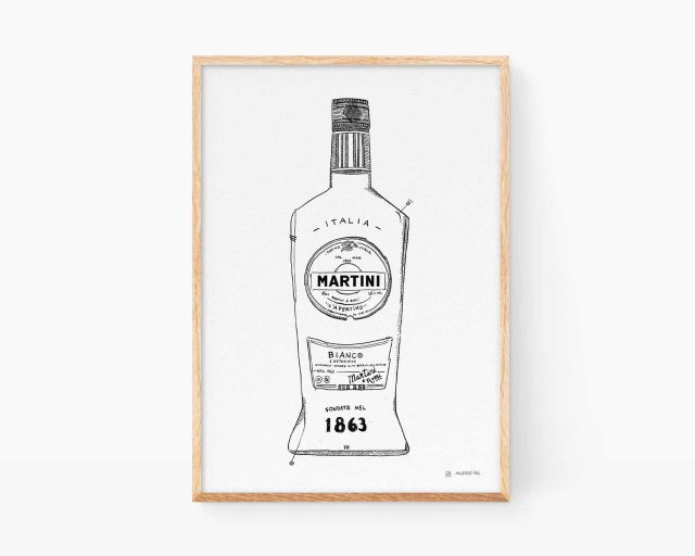 Cuadro botella Martini. Ilustración en blanco y negro para decoración de cocinas y pubs. Dibujo a tinta.