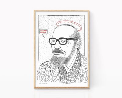 Illustration portrait masanobu fukuoka. Japanese permaculture farmer. Black and white drawing