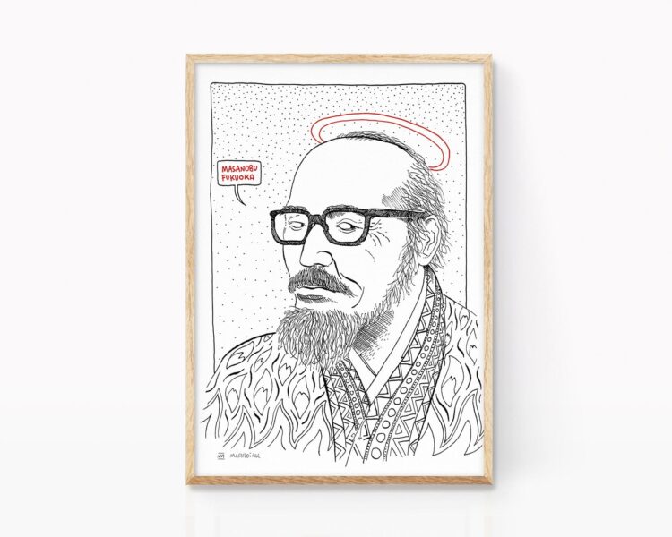 Ilustración retrato masanobu fukuoka. Agricultor japonés permacultura. Dibujo en blanco y negro