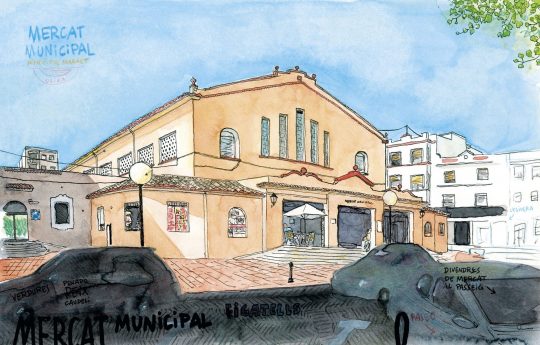Dibujo del mercado municipal de oliva. Acuarela y tinta sobre papel.