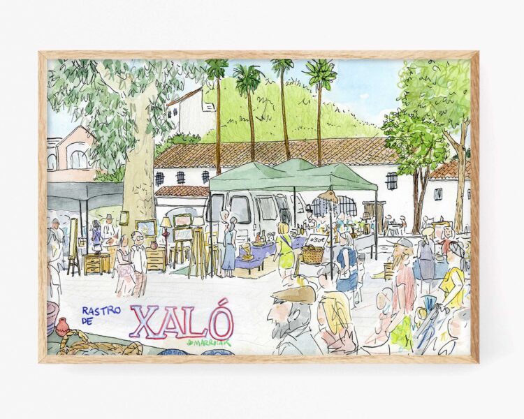 Lámina dibujo en acuarela estilo Urban Sketchers del Rastro Xaló, Marina Alta (Alicante)